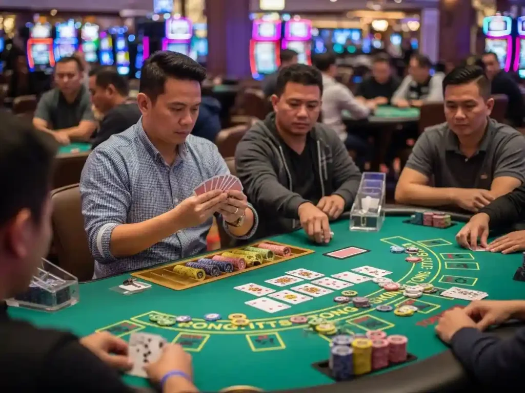 Man playing digital casino poker with cards and chips at Online Casino Philippines