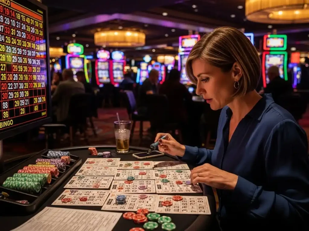 Online Casino Bingo Experience with Casino Bonus Philippines Man playing digital casino bingo with virtual cards and chips via Casino Bonus Philippines