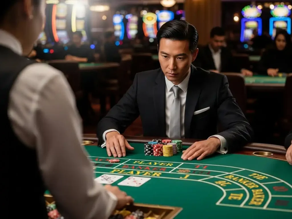 Man playing digital casino baccarat with cards and chips and first deposit bonus PH