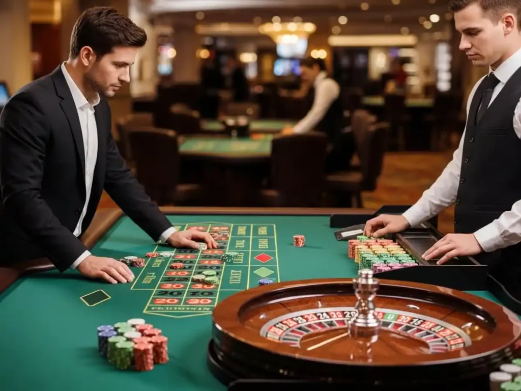 Man playing digital casino roulette with virtual wheel and chips on free spins casino Philippines